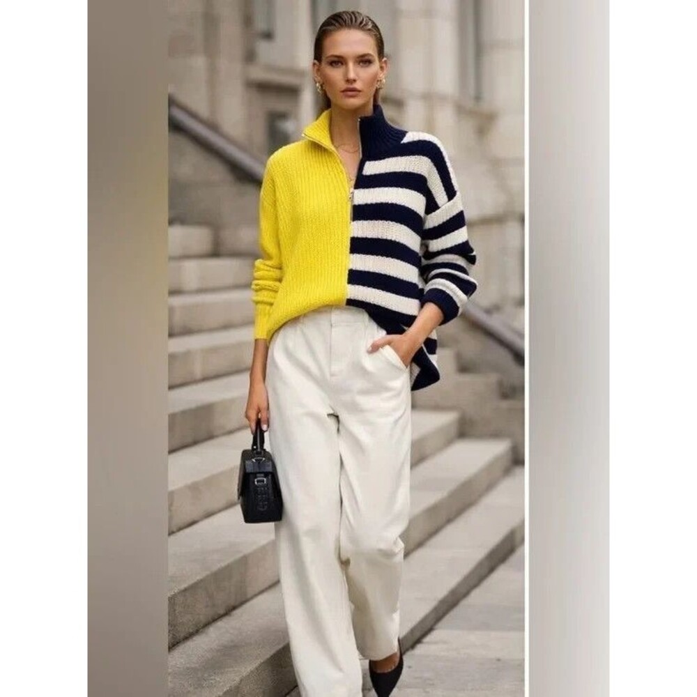 Staud womens Chartreuse Two Tone Stripe Zip Oversized Hampton Sweater size Large